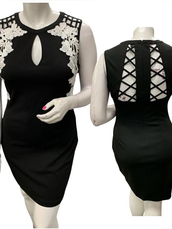 Guess Dresses & Skirts - Guess Black Mini Dress with White Floral Appliqué and Lattice Back S14